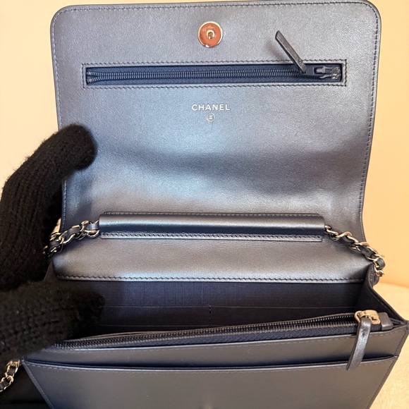 CHANEL Navy Camellia Embossed Wallet on Chain - Picture 12 of 15